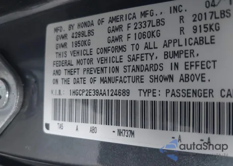 2010 Honda Accord 2.4 Lx z USA, uszkodzony, nr VIN 1HGCP2E39AA124689